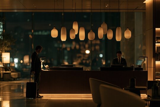 Businessman checking in at luxury hotel lobby reception