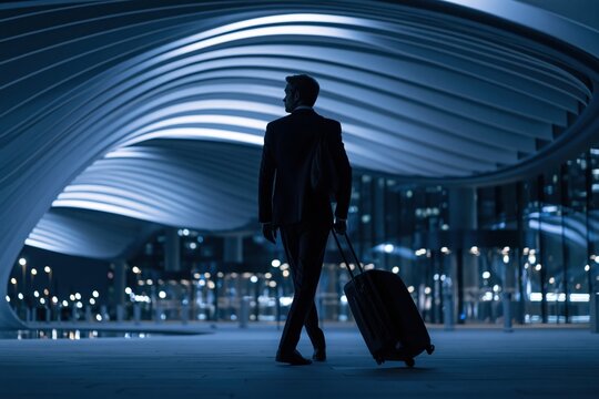 Businessman traveling with suitcase at modern airport terminal