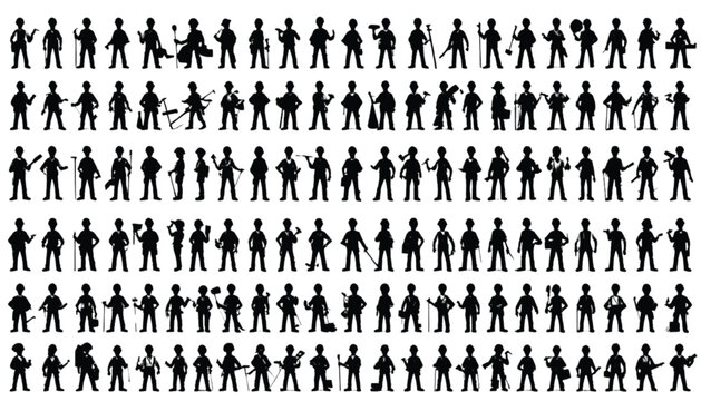 Numerous black silhouette illustrations of men in a multitude of distinct poses and actions, arranged neatly in a grid pattern against a bright white background, offering a versatile graphic resource.
