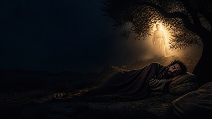 Fototapeta premium Man sleeping outdoors at night while glowing angel appears under a tree in divine light. Biblical scene of angelic visitation in a dream to Joseph. Faith, revelation and spiritual guidance concept.