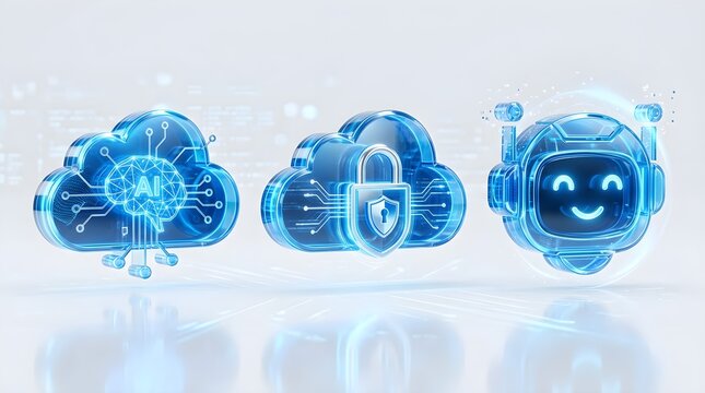 Blue translucent glass icons of cloud AI, cloud security padlock, and friendly robot head for futuristic technology concept