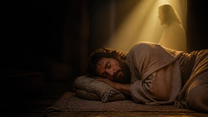 Fototapeta premium Man sleeping in dark room with divine light and angelic figure appearing behind. Biblical Joseph receiving angel message in