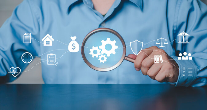 Business automation workflow, magnifying glass, gears, tax, finance, legal, security and management icons. Process optimization, compliance, risk control, governance and digital transformation.