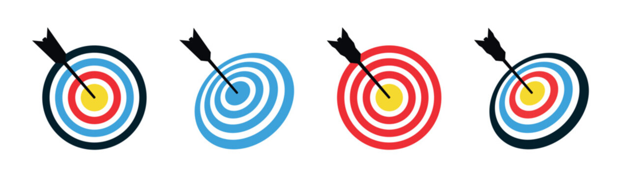 Collection of four colorful target icons with arrows hitting the bullseye