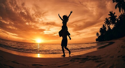 Fototapeta premium Couple on the Beach at Sunset: A joyful couple celebrates on a tropical beach as the sun sets, casting a warm orange glow over the ocean and palm trees, creating a romantic and idyllic scene.