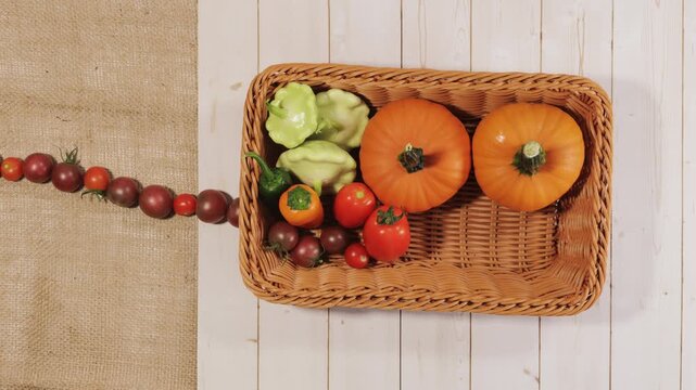 Colorful Garden Vegetables Fill Harvest Basket Flat Lay Stop Motion