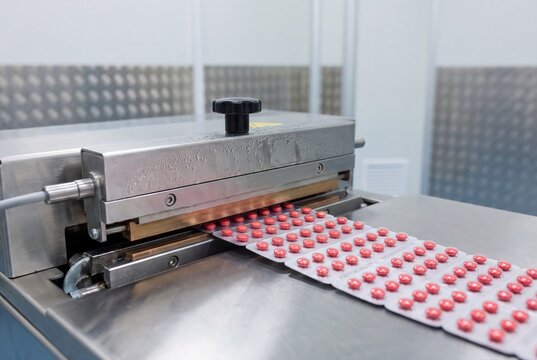 Blister packing machine manufacturing pills in pharmaceutical factory