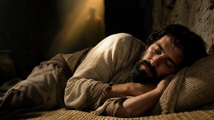 Fototapeta premium Man sleeping in ancient biblical interior with angel silhouette in golden light beam. Joseph dreaming divine message at night. Bible story of faith, revelation and trust in god guidance