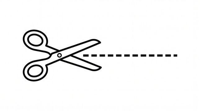 A clean black outline icon of scissors cutting along a dashed line on white, ideal for coupons, craft templates, and web design.