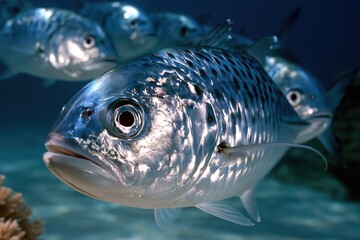 Fototapeta premium School of shiny silver fish swimming underwater in blue ocean depth