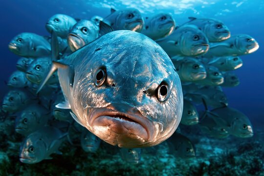 Giant trevally fish school underwater ocean marine wildlife closeup