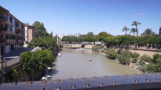 View of Puente de los Peligros and Segura River on a sunny day, Murcia, Murcia Region, Spain