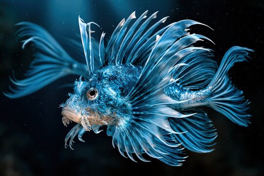 Blue exotic fish with glowing fins swimming in dark underwater ocean