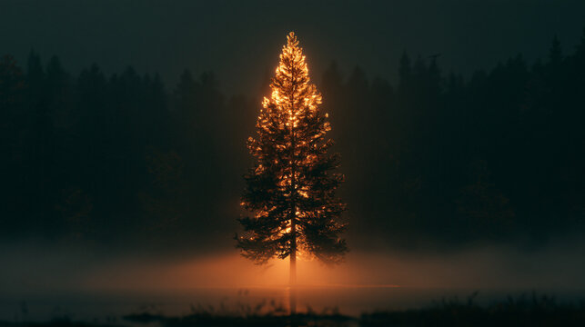 Einzelner Nadelbaum im Gegenlicht der Morgensonne mit Bodennebel, stimmungsvolle Naturaufnahme f&uuml;r Kalender und Naturwerbung.