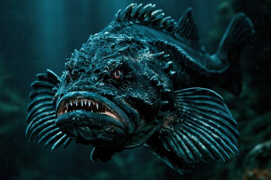 Scary deep sea monster fish swimming underwater with sharp teeth