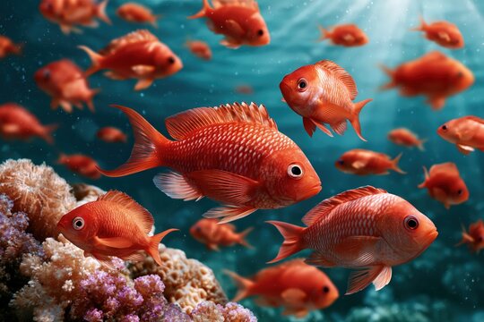 School of vibrant orange fish swimming in crystal clear ocean water