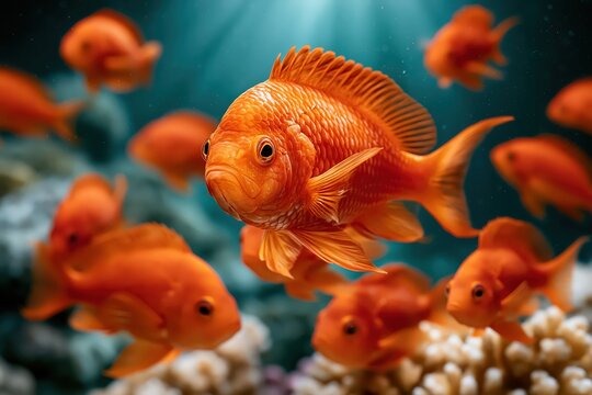 Bright orange fish swimming underwater in deep blue ocean environment