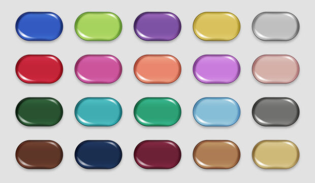 Glossy Plastic UI Buttons Set with 3D Effect and Drop Shadows, Editable AI file