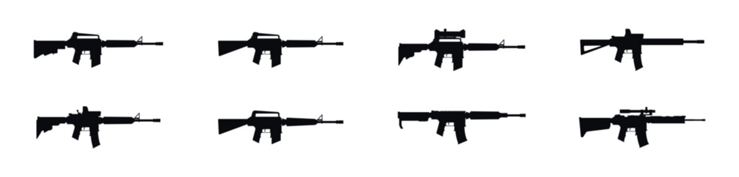 Collection of modern assault rifle silhouettes with various attachments and scopes