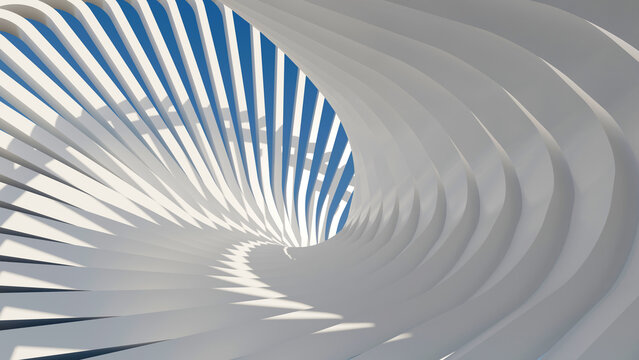 Futuristic 3D abstract white architectural spiral tunnel with sky view, ideal for modern tech backgrounds, futuristic presentation covers, and web banners