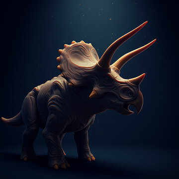 e: Fierce fantasy triceratops standing dramatically in a dark atmospheric setting, featuring massive horns and a detailed glowing frill