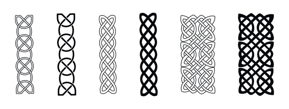 Collection of intricate Celtic knot patterns and borders in black and white