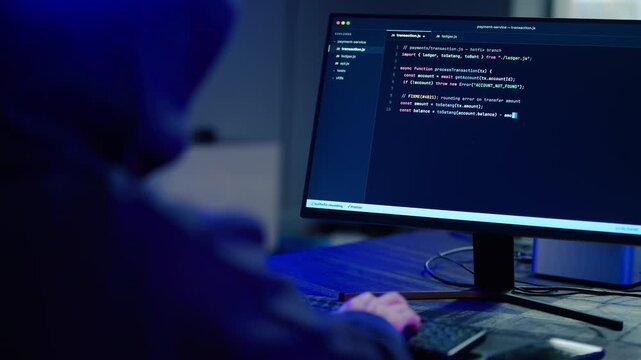 Unrecognizable anonymous hacker in a dark hoodie typing complex computer code on a glowing monitor at night. Cybercrime, cybersecurity threat, software development, and late night programming.