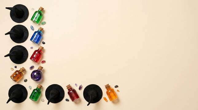 Top view of black coffee cups and colorful small glass bottles arranged in an l shape frame
