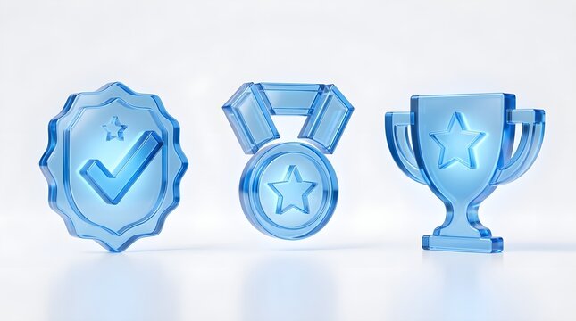 Collection of transparent blue award icons including a checkmark badge, a medal, and a trophy cup on a white background, symbolizing achievement and success in a digital context
