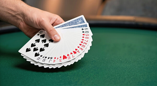 Hand holding fanned playing cards over a green felt poker table. Close up of a card player displaying a hand in a casino game