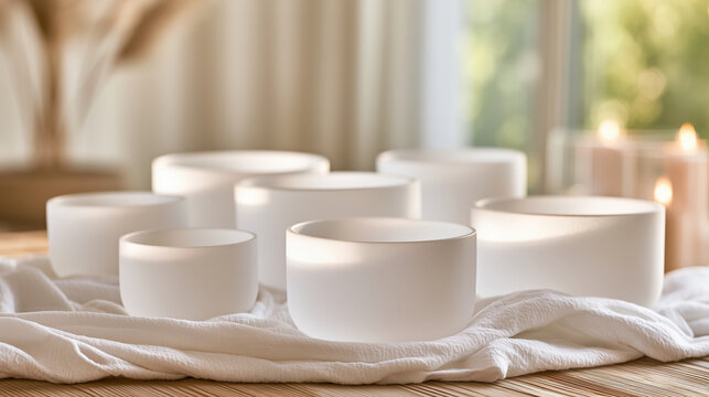 White frosted crystal singing bowls for sound healing and meditation session