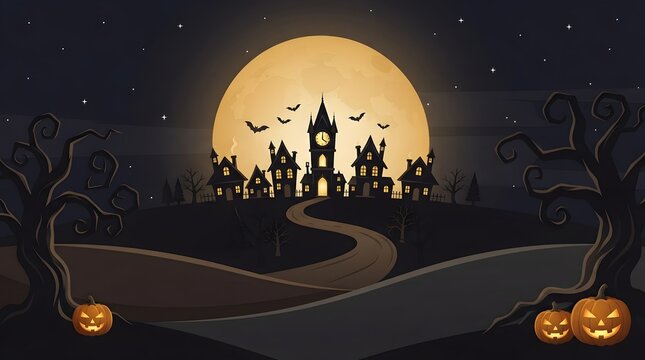 Simple halloween background illustration with spooky castle full moon and jack o lanterns, halloween