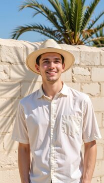 Young man wearing a hat smiling outdoors against a white brick wall