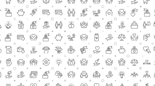 Charity and donation line icon pattern background vector with volunteer help and care symbols for graphic design