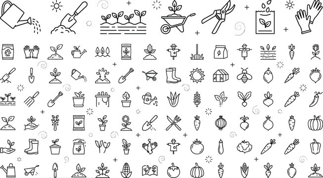 Gardening and agriculture line icon mega set with farming tools plants vegetables and sprouts vector illustration