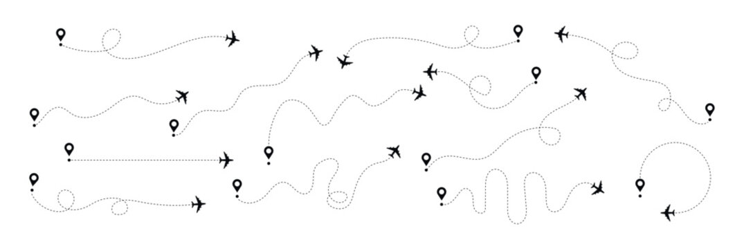 Collection of airplane routes with dotted lines and location pins