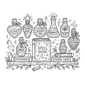 Witch potion bottles and magic spell items halloween doodle line art illustration isolated on white background
