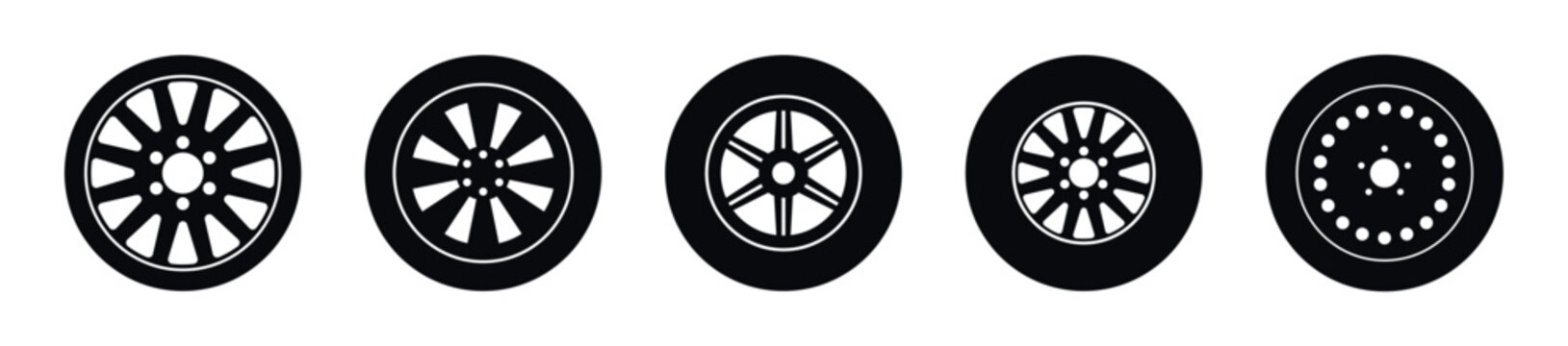Collection of five distinct car wheel icons in black and white silhouette