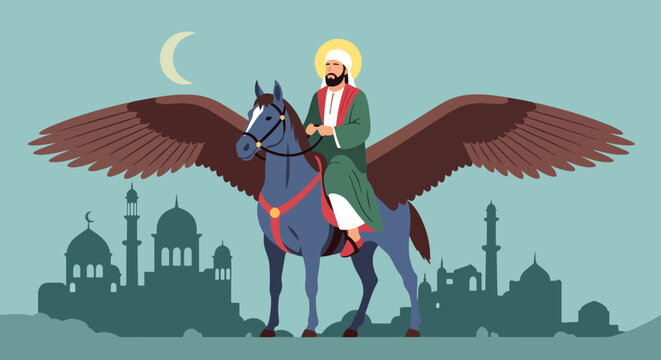 Isra and Mi'raj illustration of Muhammad riding Buraq to heaven with a city silhouette background, celebrating the Islamic prophet's night journey and ascension