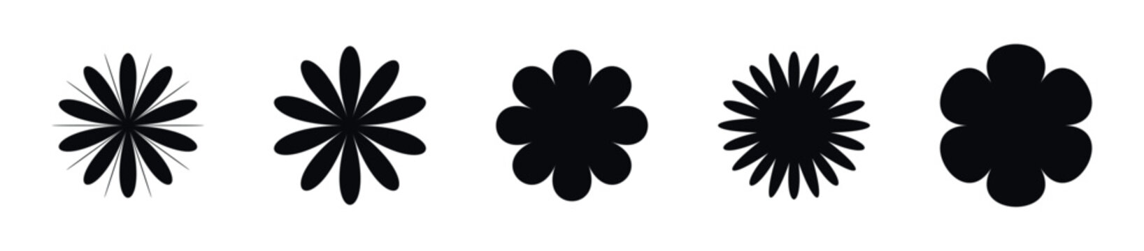 Collection of five stylized black flower silhouettes on a white background
