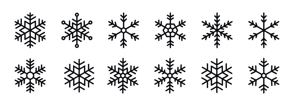 Collection of diverse snowflake icons in a clean, minimalist line art style