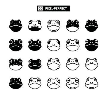 Set of fifteen frog face icons in black and white, perfect for design elements, stickers, and graphic illustrations