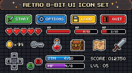 A comprehensive set of retro 8-bit pixel art user interface elements and icons for vintage video games, including buttons, health bars, inventory, and game stats. © Nawang