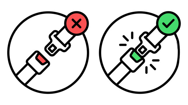 Seatbelt safety icons with buckle and strap. Car seat belt warning signs with check and cross marks. Vehicle safety belt vector set.
