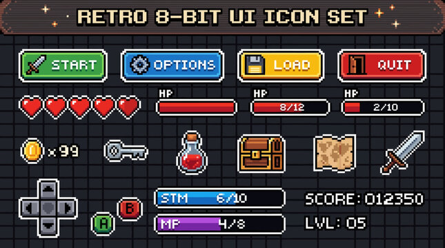 A comprehensive set of retro 8-bit pixel art user interface elements and icons for vintage video games, including buttons, health bars, inventory, and game stats.