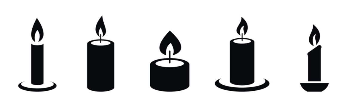 Collection of five different black candle icons with flames burning brightly