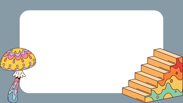 Retro psychedelic frame with mushroom and rainbow stairs, vintage aesthetic border, colorful groovy background for copy space