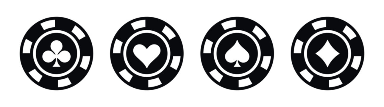 Four casino chips with playing card suits: clubs, hearts, spades, and diamonds