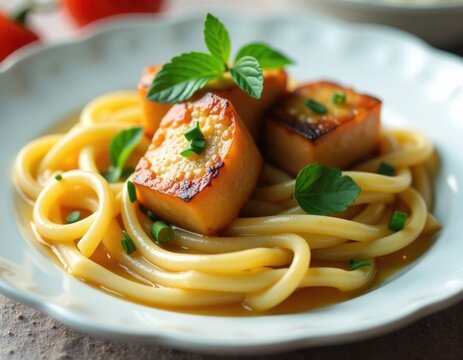 Fresh pasta served with seared scallops on a white plate
