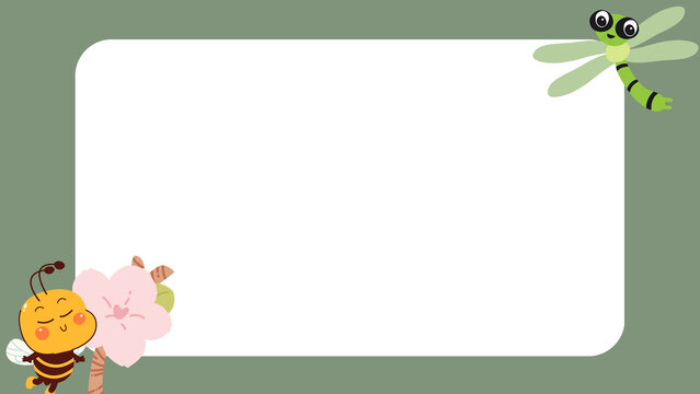 Cute cartoon insect border frame, green background with bee and dragonfly, blank white copy space for kids education and invitations